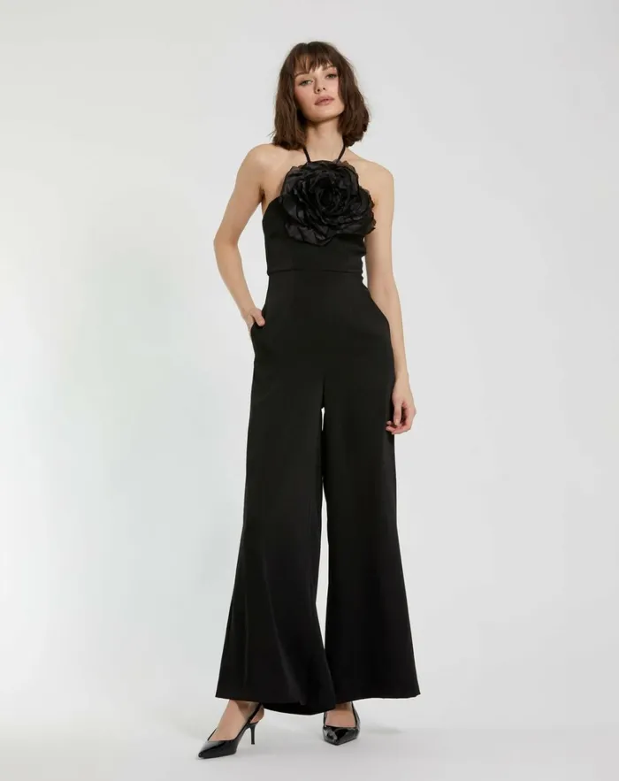 Women Jumpsuits and Rompers Mac Duggal Crepe Halter Neck Jumpsuit With Flower Black