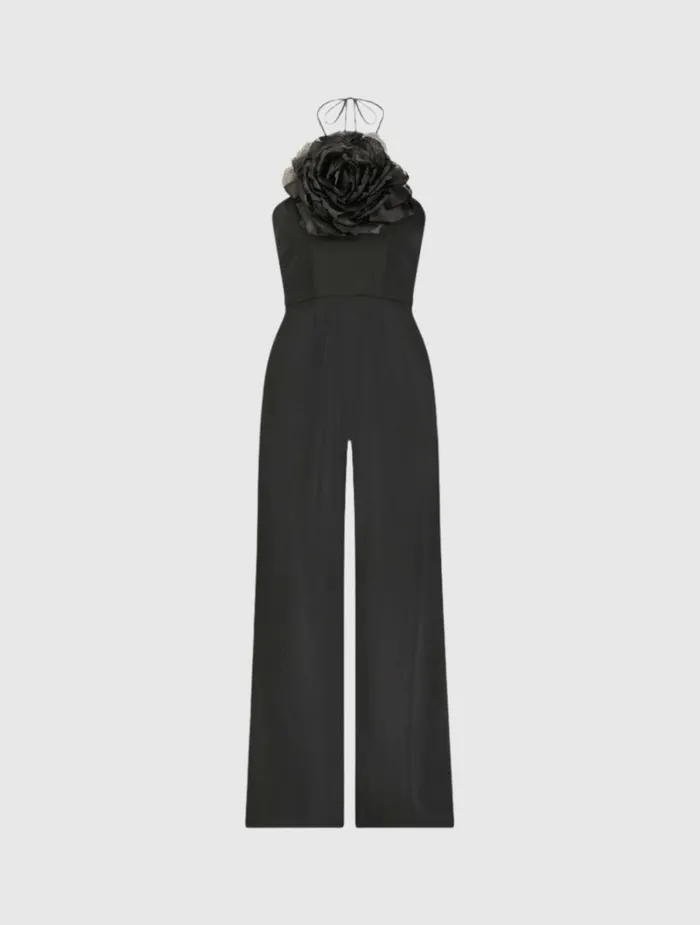 Women Jumpsuits and Rompers Mac Duggal Crepe Halter Neck Jumpsuit With Flower Black