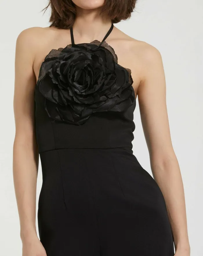 Women Jumpsuits and Rompers Mac Duggal Crepe Halter Neck Jumpsuit With Flower Black