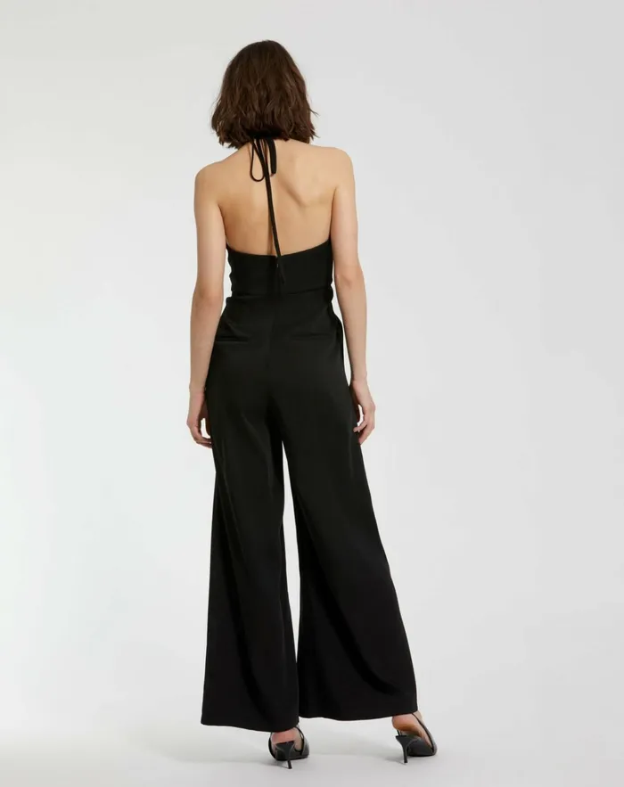 Women Jumpsuits and Rompers Mac Duggal Crepe Halter Neck Jumpsuit With Flower Black