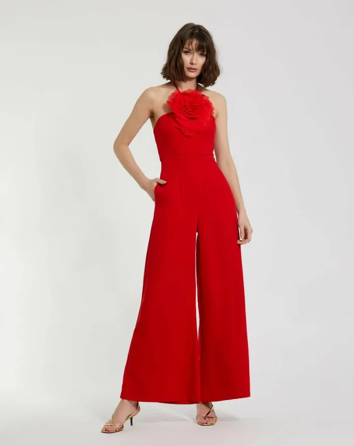 Women Jumpsuits and Rompers Mac Duggal Crepe Halter Neck Jumpsuit With Flower Cherry