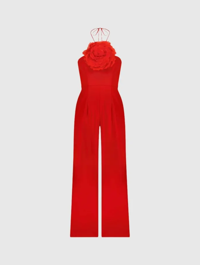 Women Jumpsuits and Rompers Mac Duggal Crepe Halter Neck Jumpsuit With Flower Cherry