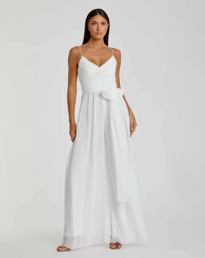 Women Jumpsuits and Rompers Mac Duggal Flowy Faux Wrap Jumpsuit White