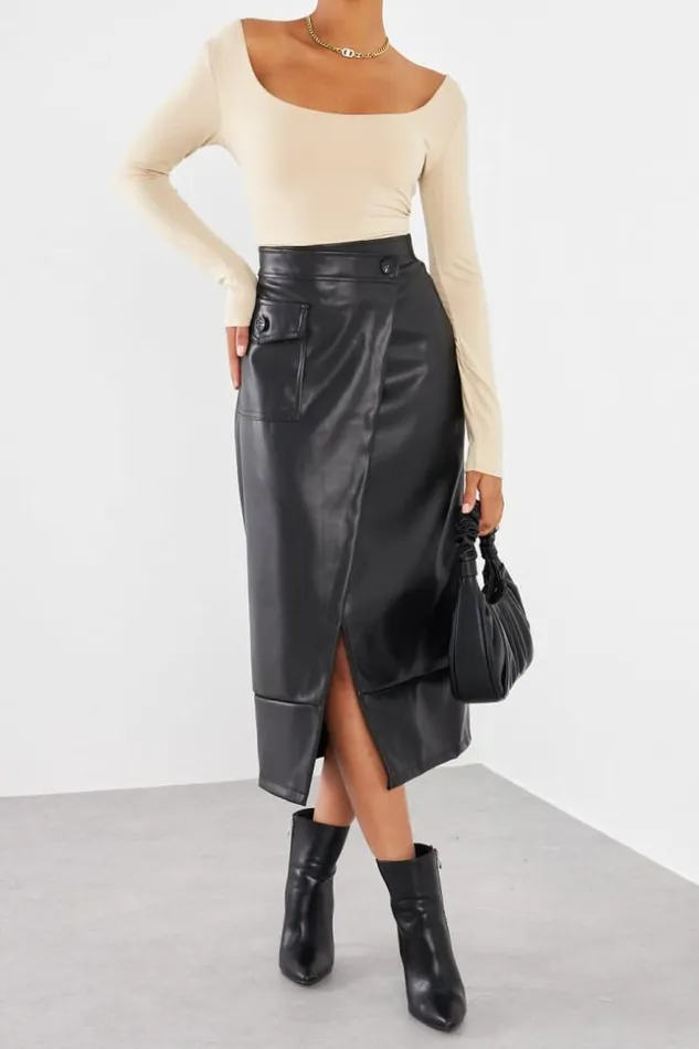 Women Jupe En Simili Cuir Noir Crois Black Brentiny Paris Skirts