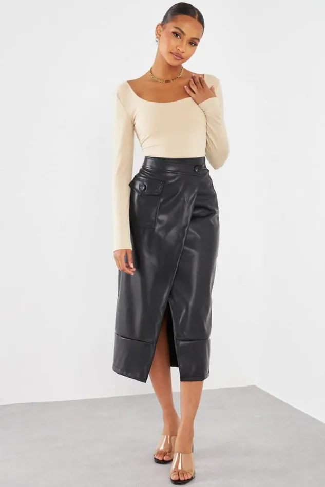 Women Jupe En Simili Cuir Noir Crois Black Brentiny Paris Skirts