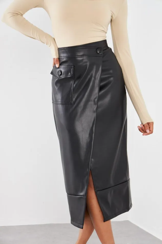 Women Jupe En Simili Cuir Noir Crois Black Brentiny Paris Skirts