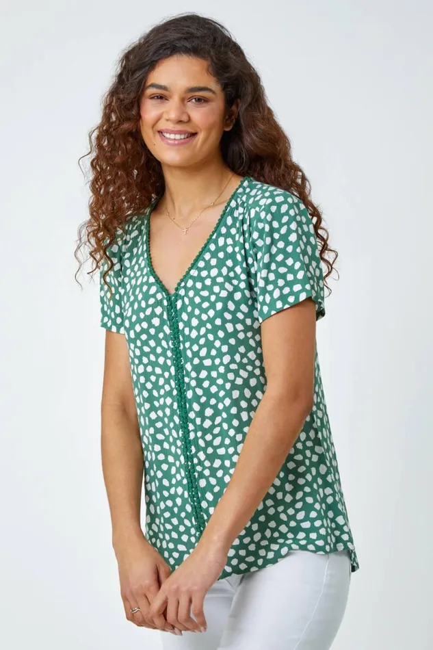 Women Khaki Abstract Spot Bobble Trim VNeck TShirt Roman Tops