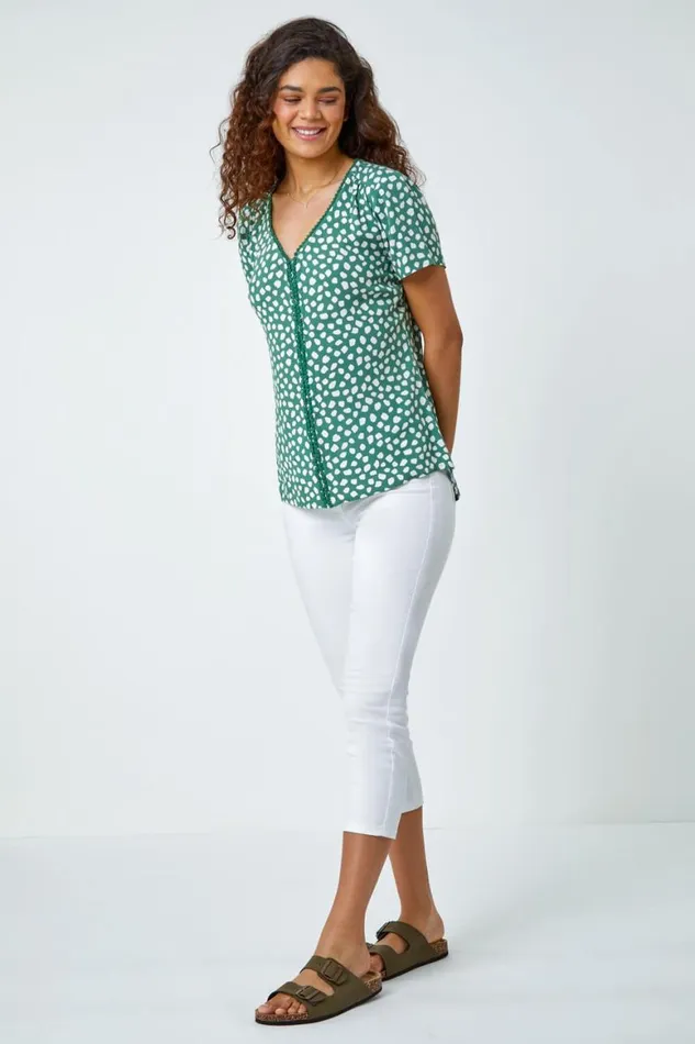 Women Khaki Abstract Spot Bobble Trim VNeck TShirt Roman Tops