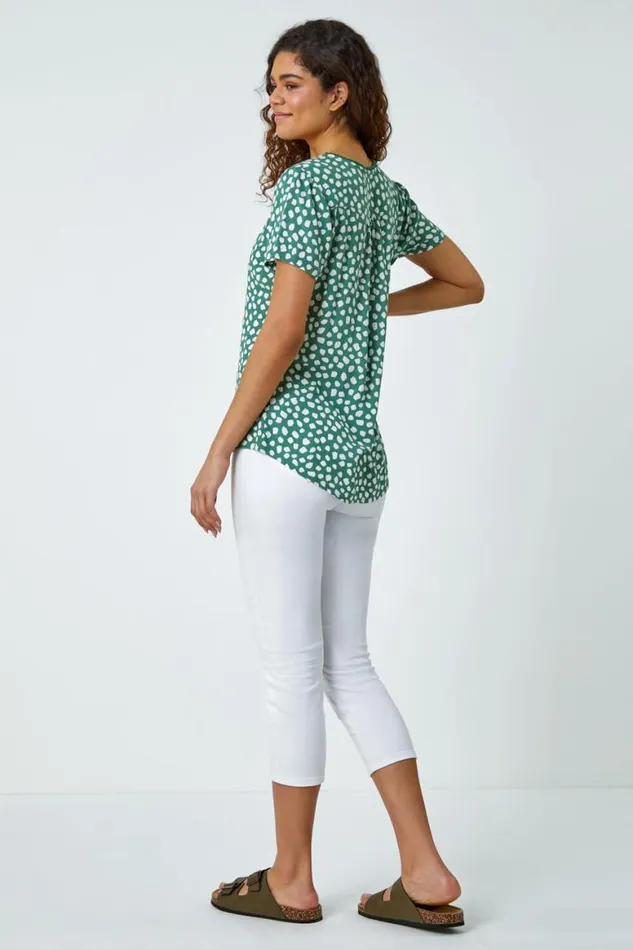 Women Khaki Abstract Spot Bobble Trim VNeck TShirt Roman Tops