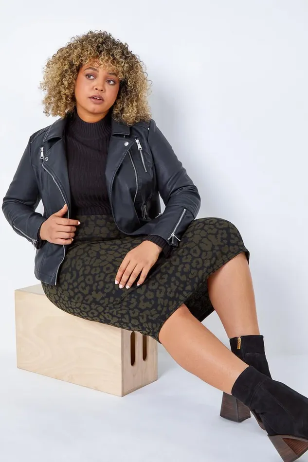 Women Khaki Curve Animal Print Elastic Waist Midi Skirt Roman Skirts
