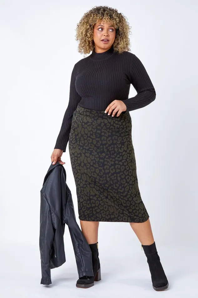 Women Khaki Curve Animal Print Elastic Waist Midi Skirt Roman Skirts