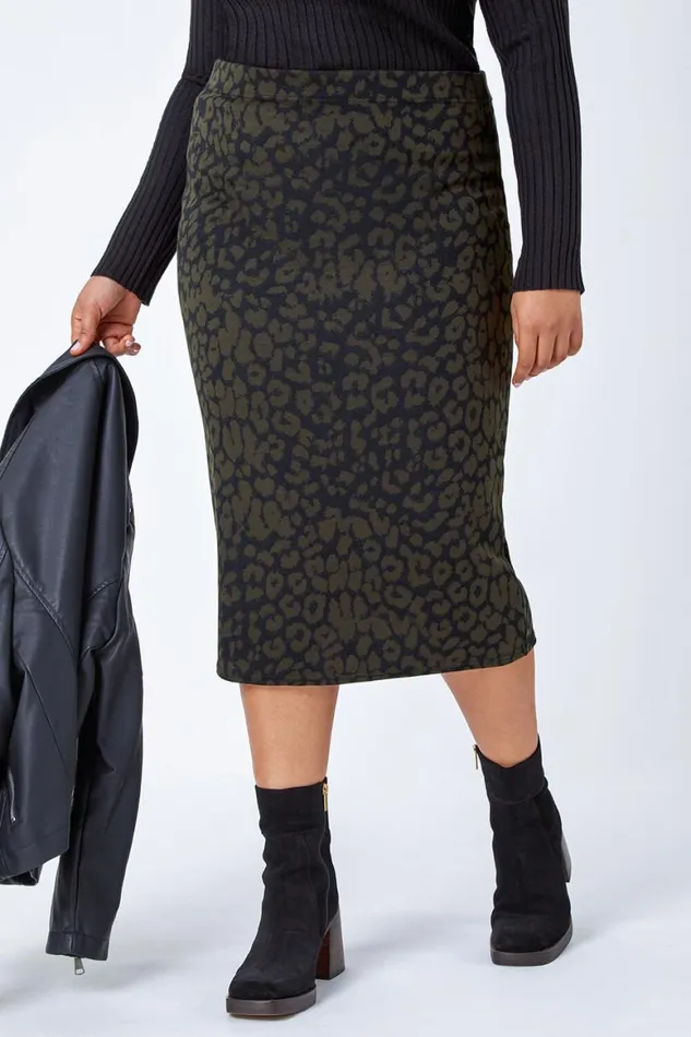 Women Khaki Curve Animal Print Elastic Waist Midi Skirt Roman Skirts