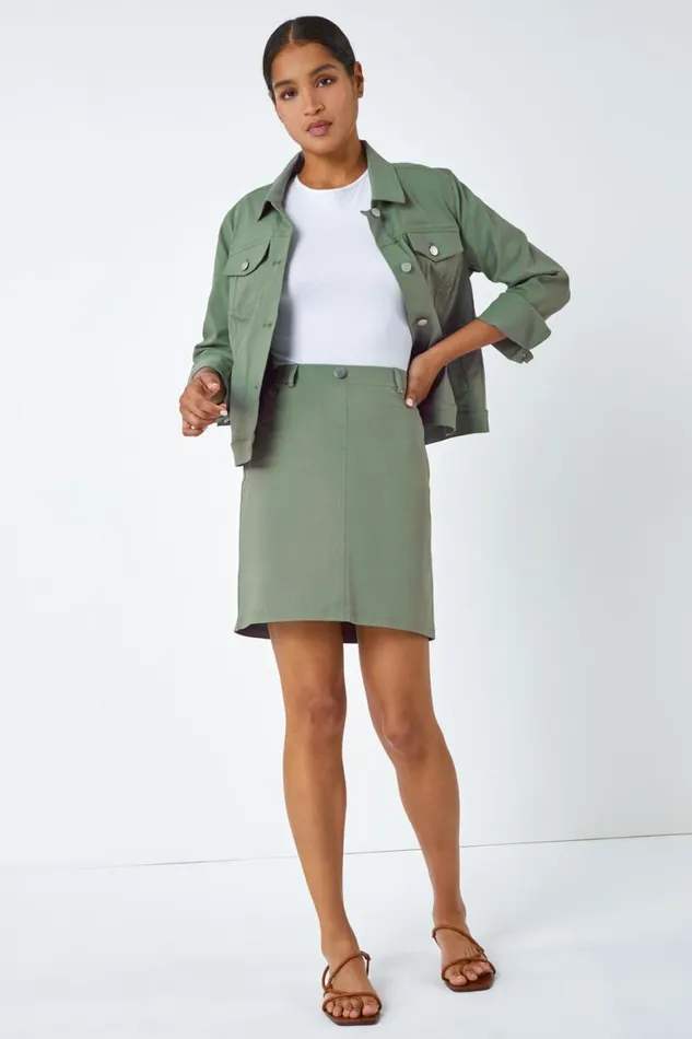 Women Khaki Elastic Waist Straight Stretch Skirt Roman Skirts