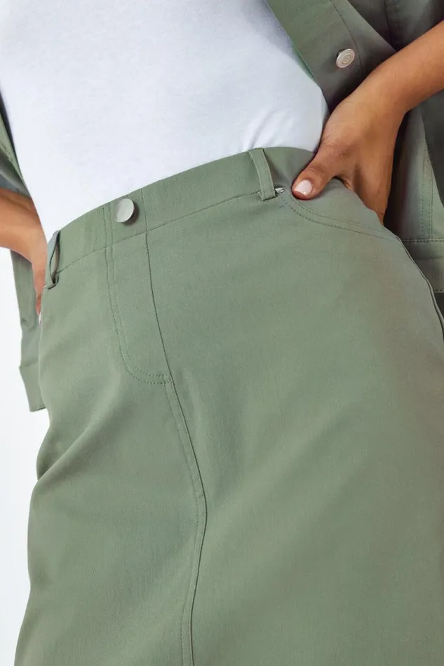 Women Khaki Elastic Waist Straight Stretch Skirt Roman Skirts