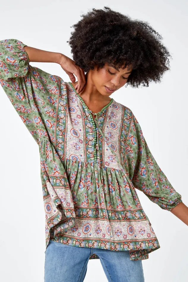 Women Khaki Floral Border Print Overshirt Roman Tops