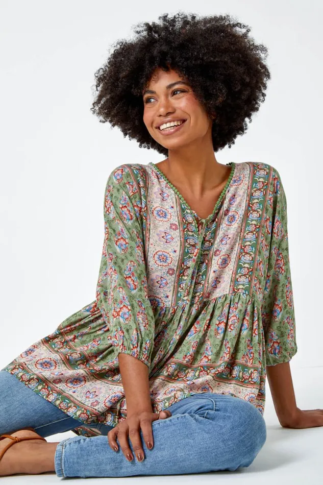Women Khaki Floral Border Print Overshirt Roman Tops
