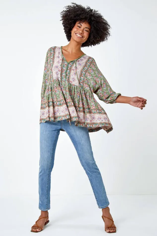 Women Khaki Floral Border Print Overshirt Roman Tops