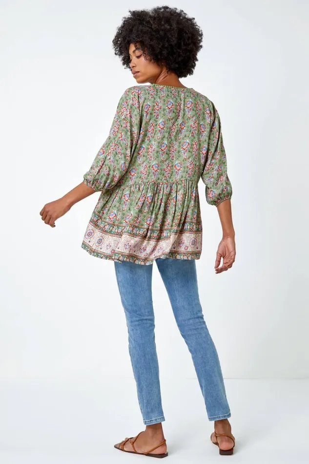 Women Khaki Floral Border Print Overshirt Roman Tops