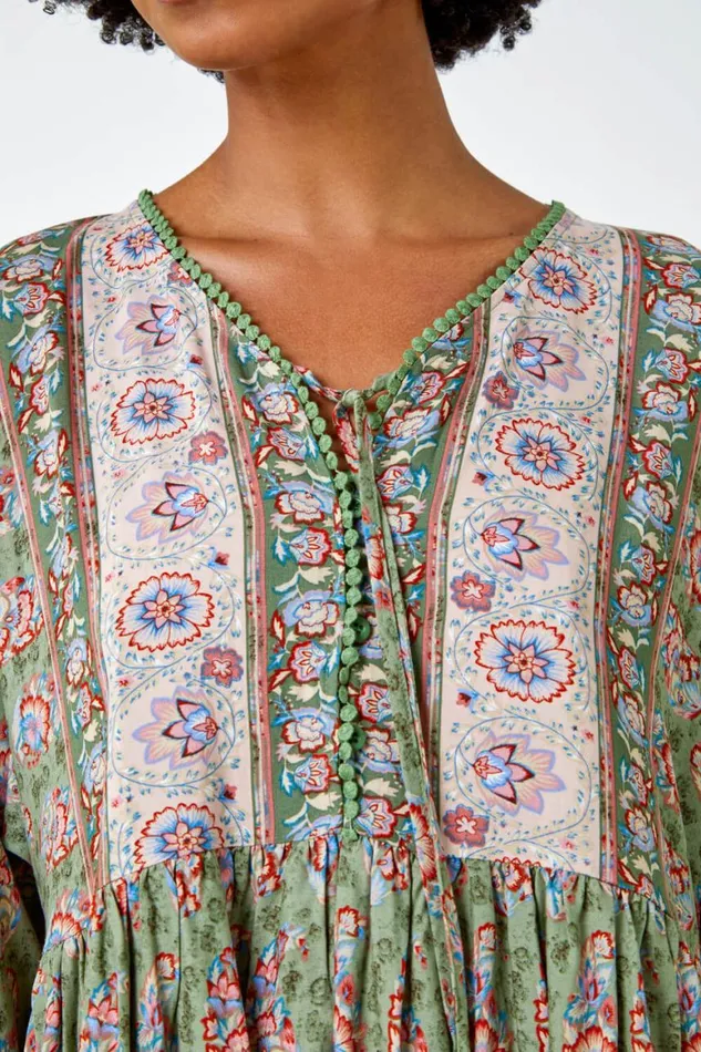 Women Khaki Floral Border Print Overshirt Roman Tops