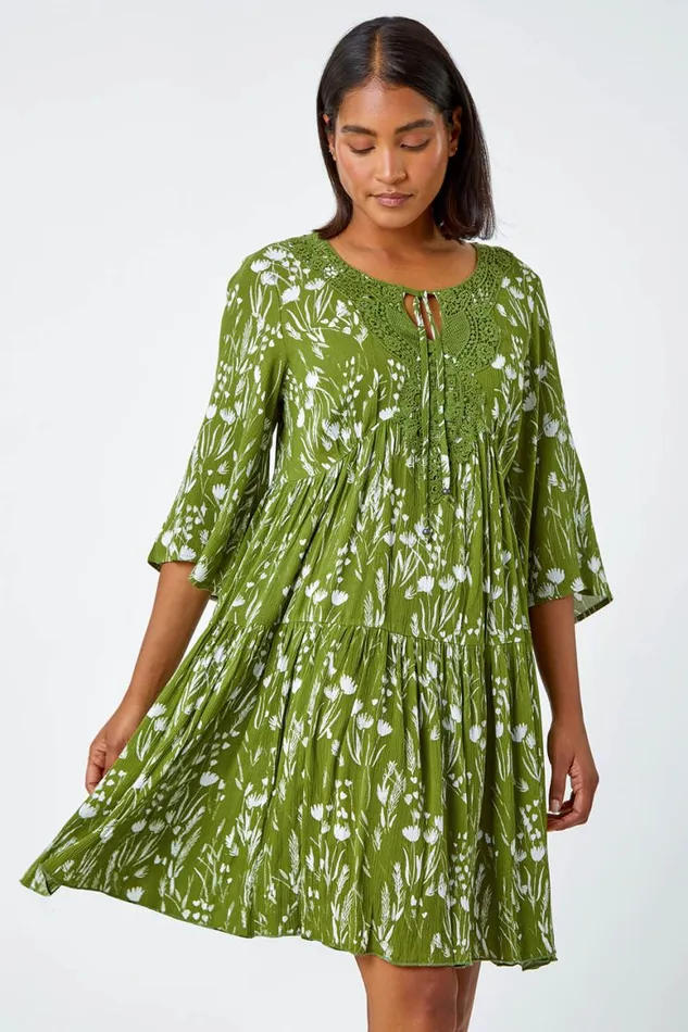 Women Khaki Floral Print Lace Detail Smock Dress Roman Dresses