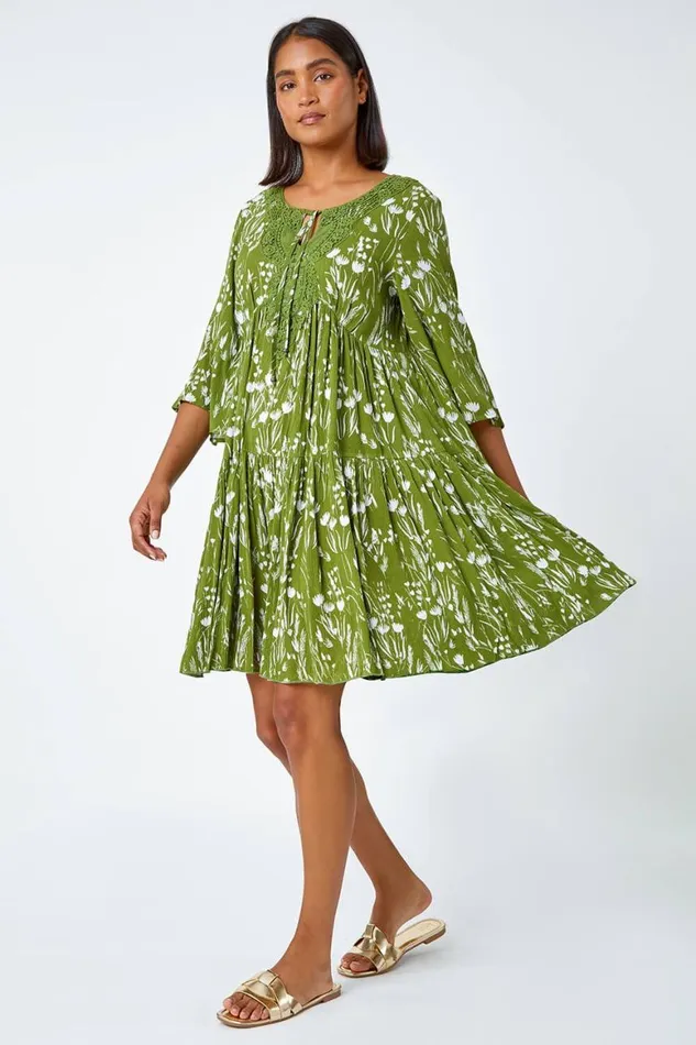 Women Khaki Floral Print Lace Detail Smock Dress Roman Dresses