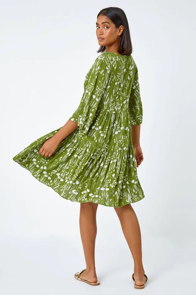 Women Khaki Floral Print Lace Detail Smock Dress Roman Dresses