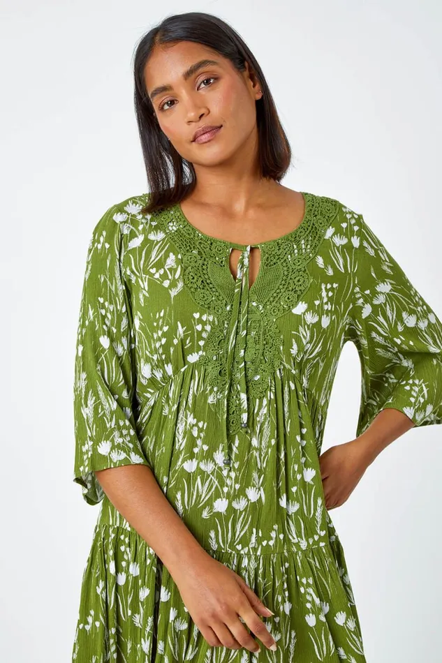 Women Khaki Floral Print Lace Detail Smock Dress Roman Dresses