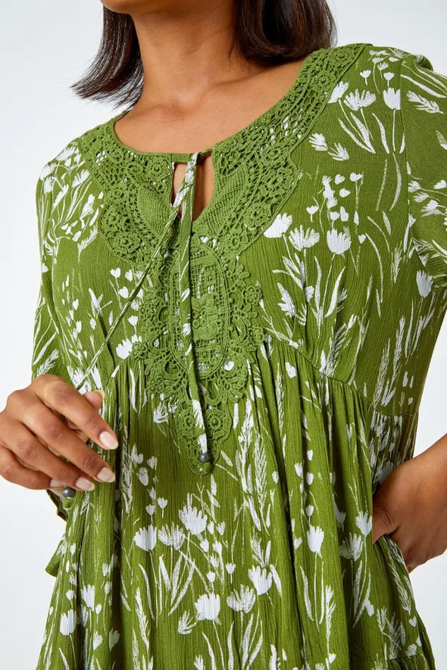 Women Khaki Floral Print Lace Detail Smock Dress Roman Dresses
