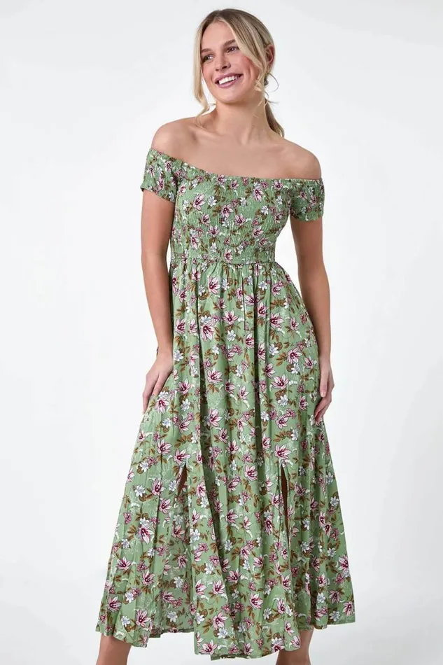 Women Khaki Petite Floral Shirred Bardot Midi Dress Roman Dresses