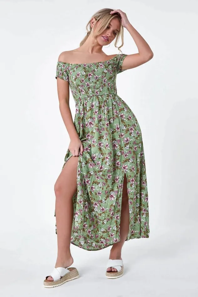 Women Khaki Petite Floral Shirred Bardot Midi Dress Roman Dresses