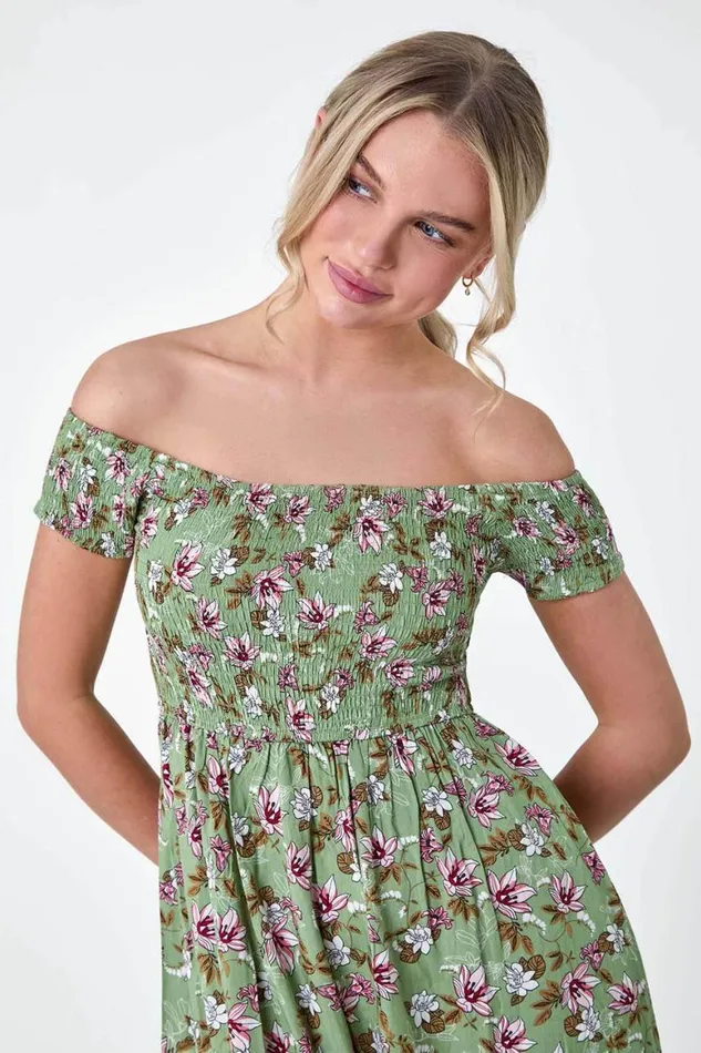 Women Khaki Petite Floral Shirred Bardot Midi Dress Roman Dresses