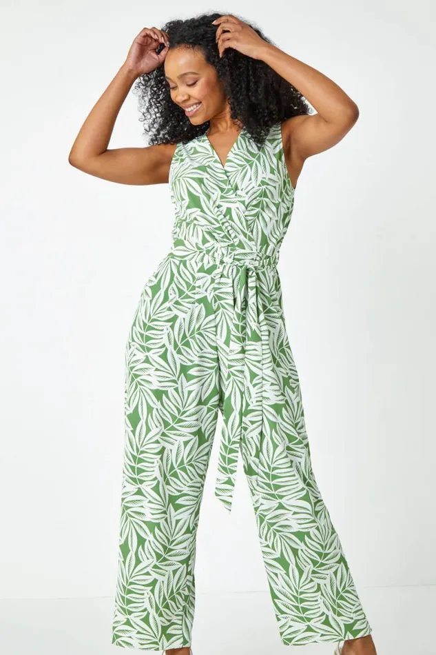 Women Khaki Petite Leaf Print Wrap Jumpsuit Roman Dresses