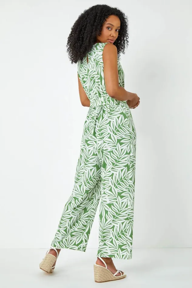 Women Khaki Petite Leaf Print Wrap Jumpsuit Roman Dresses