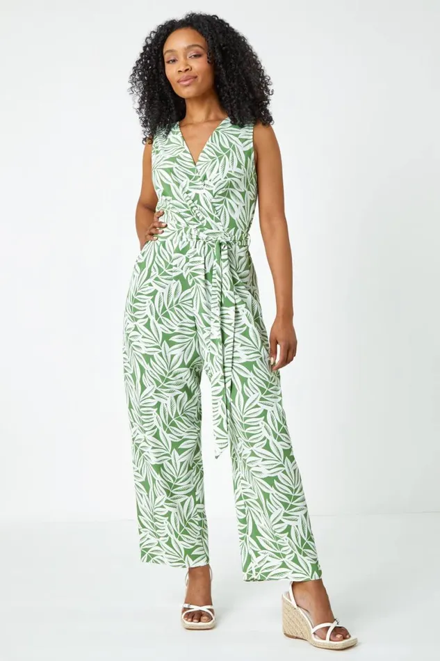 Women Khaki Petite Leaf Print Wrap Jumpsuit Roman Dresses