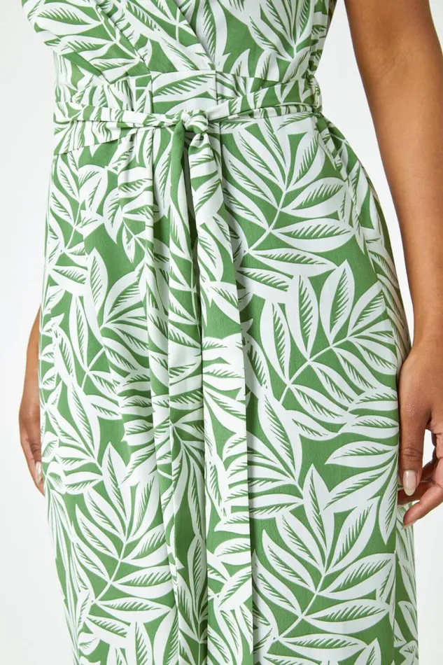 Women Khaki Petite Leaf Print Wrap Jumpsuit Roman Dresses