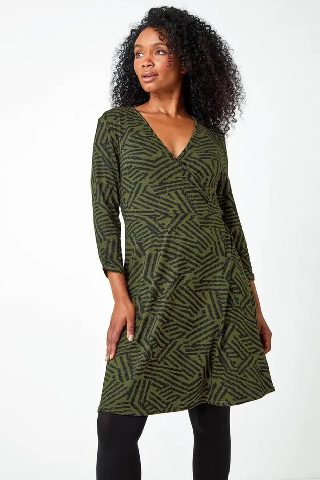 Women Khaki Petite Mock Wrap Abstract Stretch Dress Roman Dresses