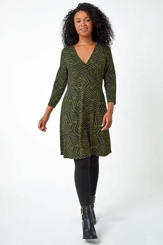 Women Khaki Petite Mock Wrap Abstract Stretch Dress Roman Dresses