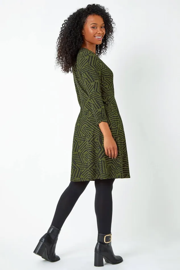 Women Khaki Petite Mock Wrap Abstract Stretch Dress Roman Dresses