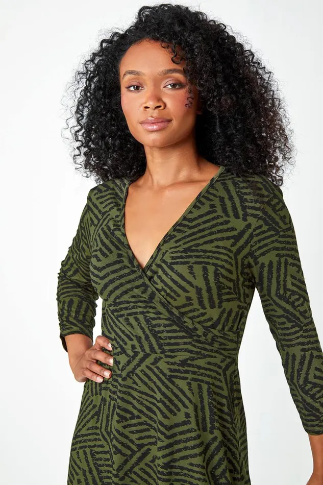 Women Khaki Petite Mock Wrap Abstract Stretch Dress Roman Dresses