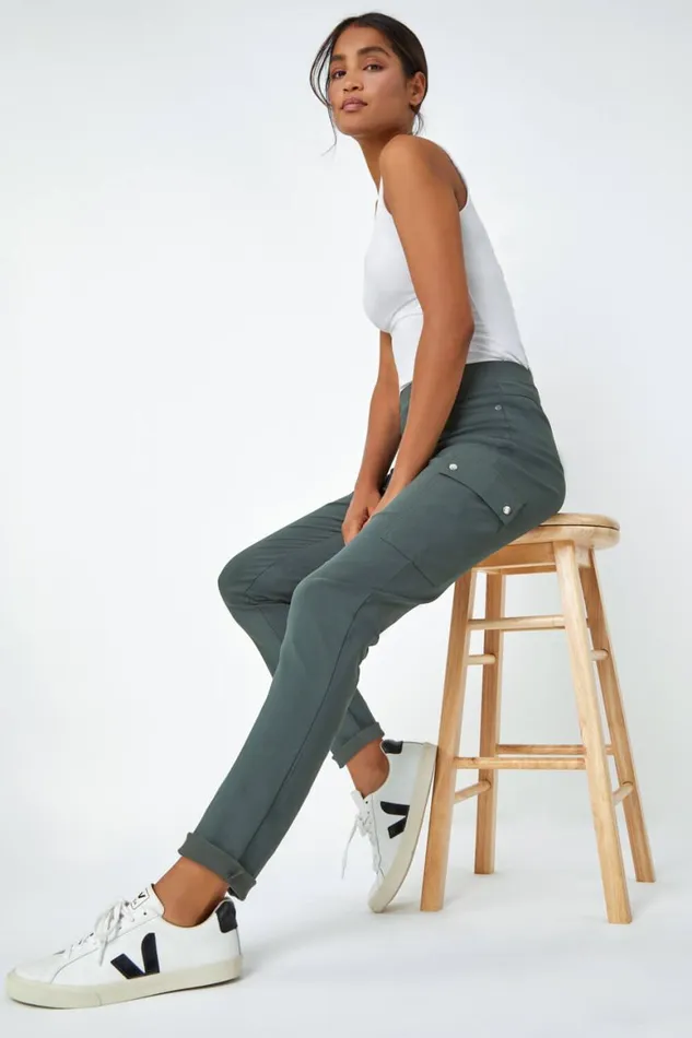 Women Khaki Turn Up Stretch Cargo Trousers Roman Trousers