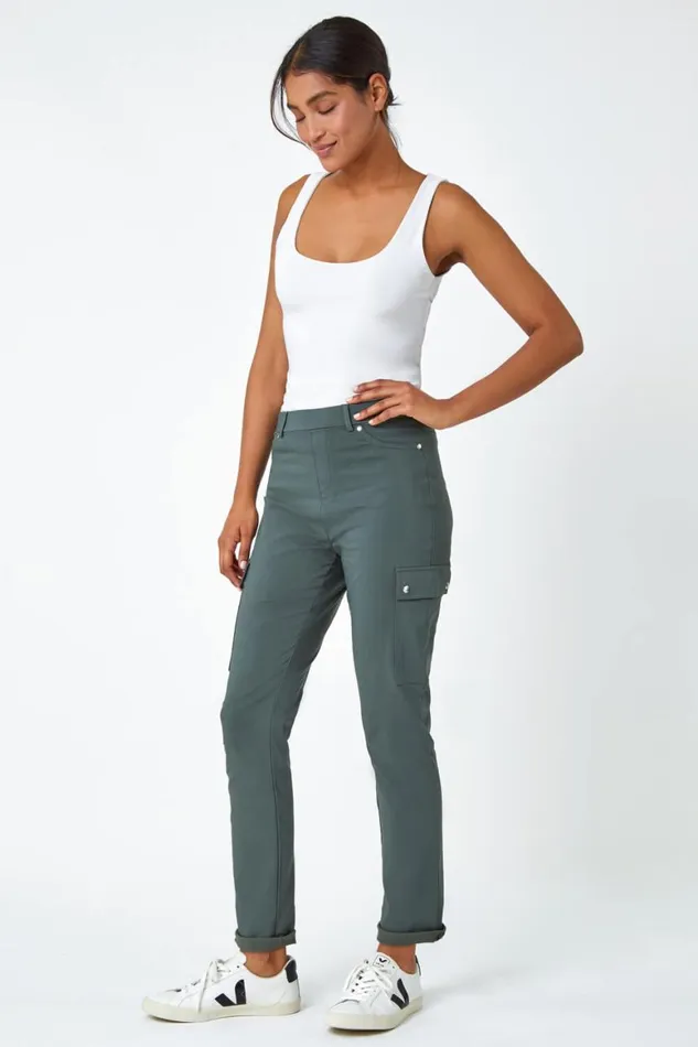 Women Khaki Turn Up Stretch Cargo Trousers Roman Trousers