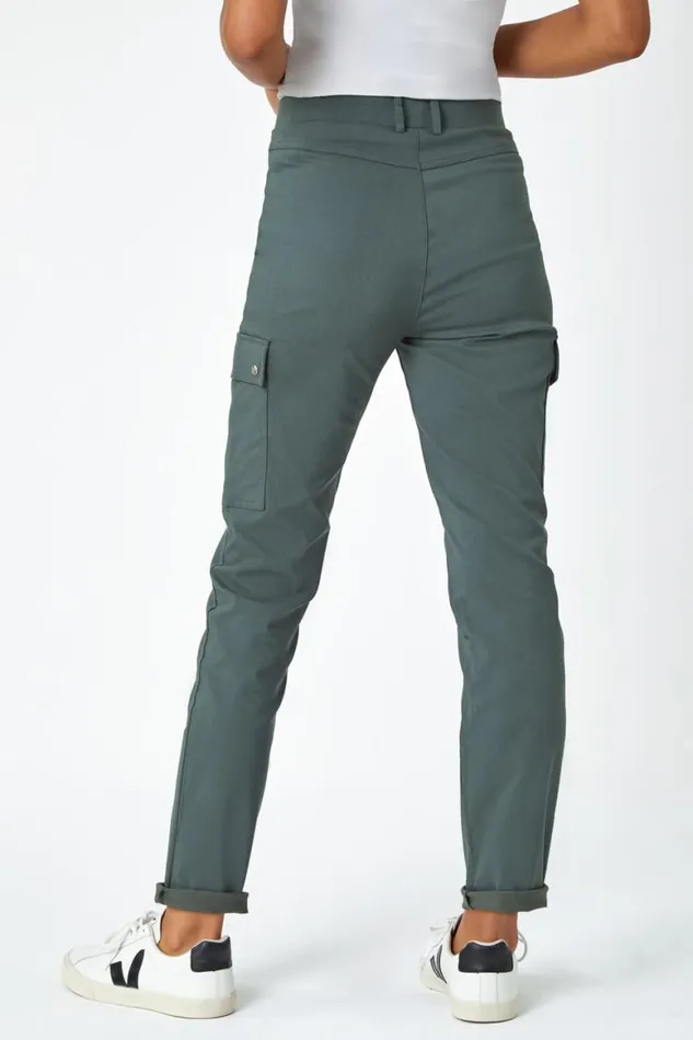 Women Khaki Turn Up Stretch Cargo Trousers Roman Trousers