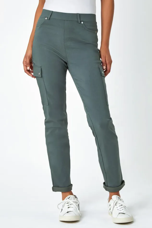 Women Khaki Turn Up Stretch Cargo Trousers Roman Trousers