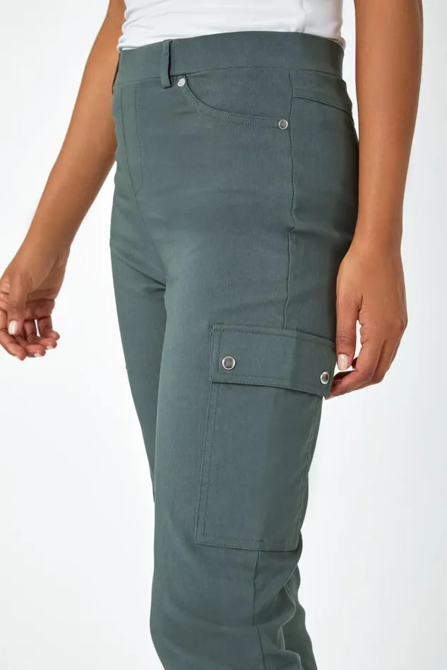 Women Khaki Turn Up Stretch Cargo Trousers Roman Trousers