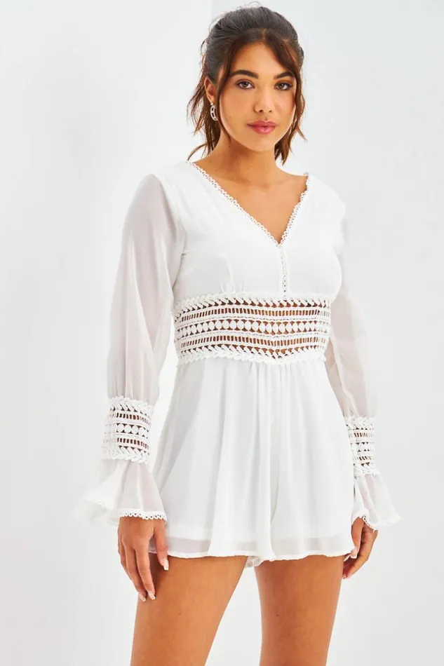 Women Lace Insert Dobby Playsuit With Cut Out Details In White White Brentiny Paris Playsuits