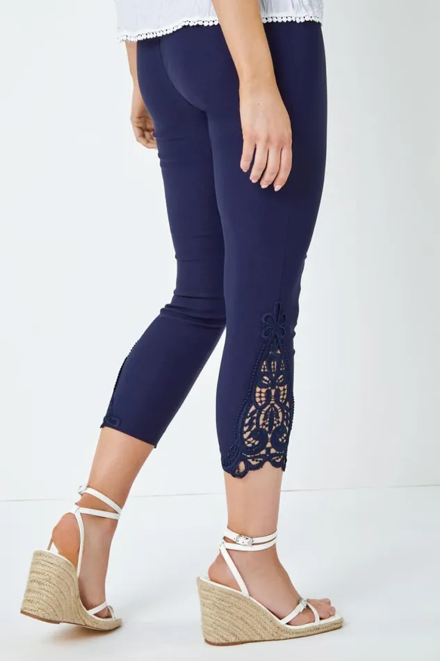 Women Lace Insert Elastic Waist Cropped Trouser Roman Trousers