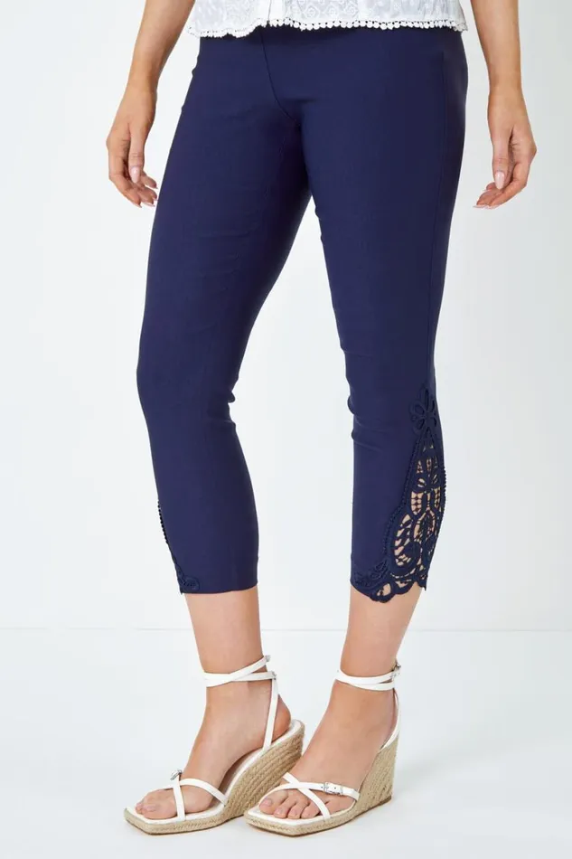 Women Lace Insert Elastic Waist Cropped Trouser Roman Trousers