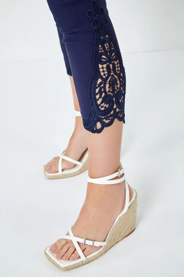 Women Lace Insert Elastic Waist Cropped Trouser Roman Trousers