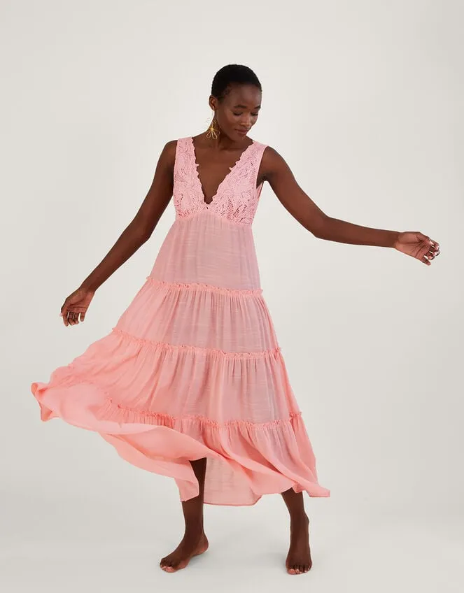 Women Lace Trim Bodice Beach Maxi Dress Orange Monsoon Dresses