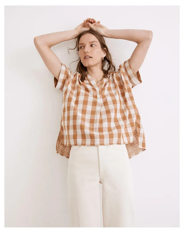 Women Lakeline Popover Shirt In Double Faced Gingham Golden Pecan Madewell Tops and Shirts Women Lakeline Popover Shirt In Double Faced Gingham Golden Pecan Madewell Tops and Shirts
